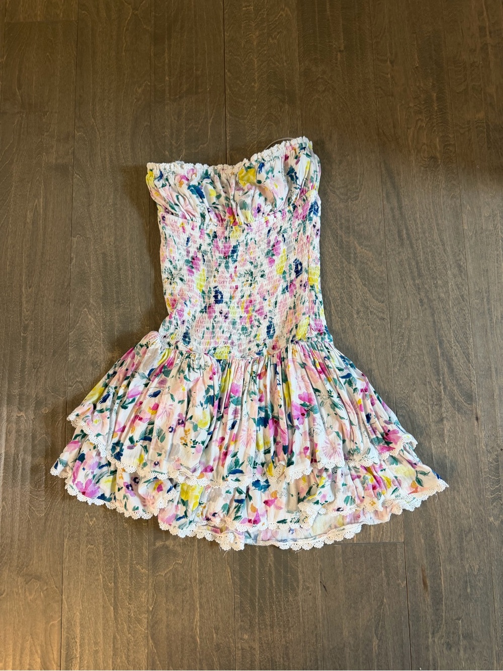 Strapless Smocked Floral Mini Dress in White with Pink, Yellow & Blue